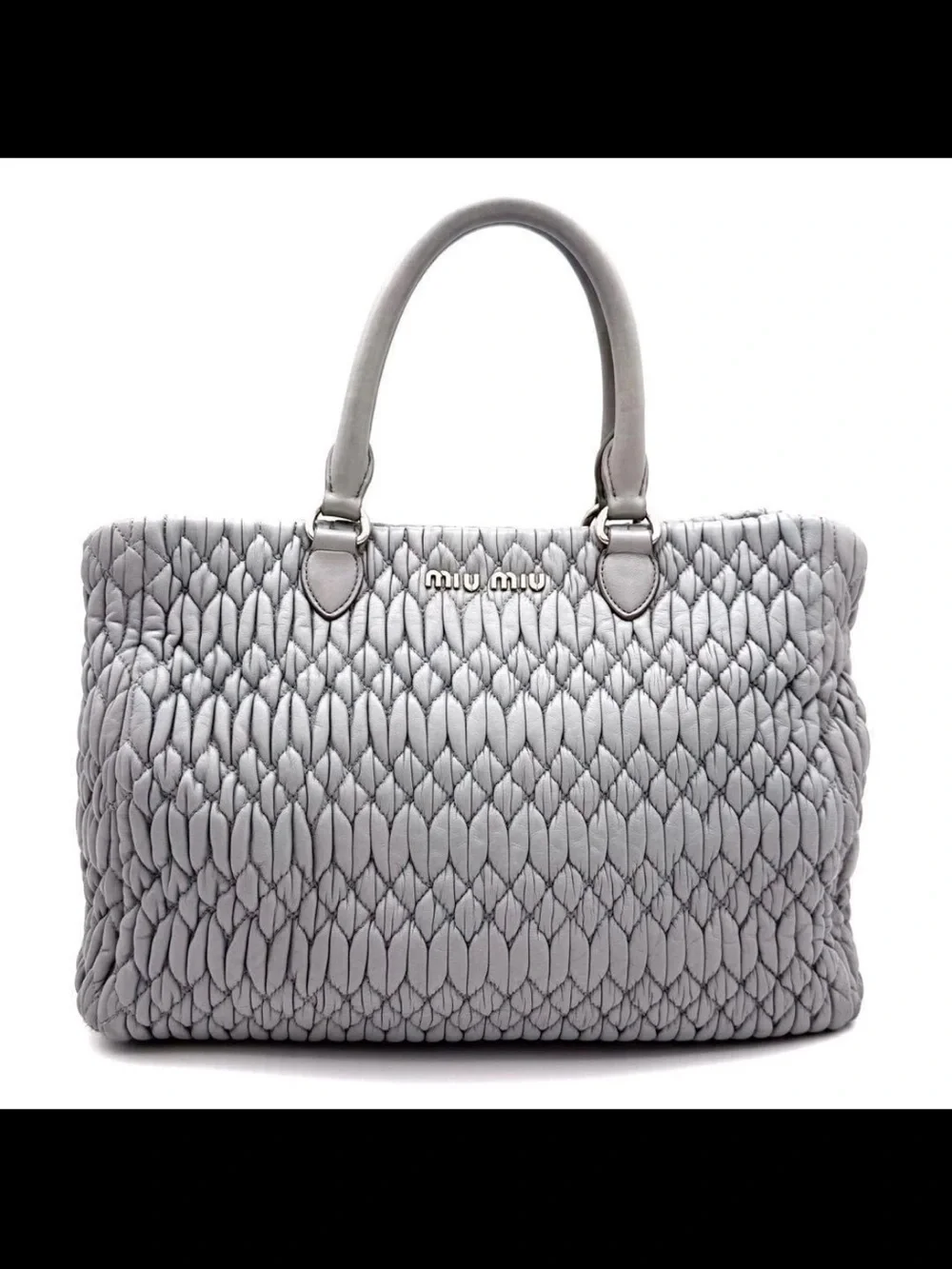 Miu Miu Silver-Gray Quilted Tote with Crystal-Embellished Chain